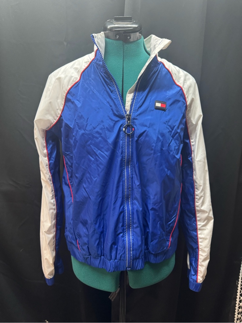 Tommy Hilfiger Blue Jacket with White Sleeves and Red Piping